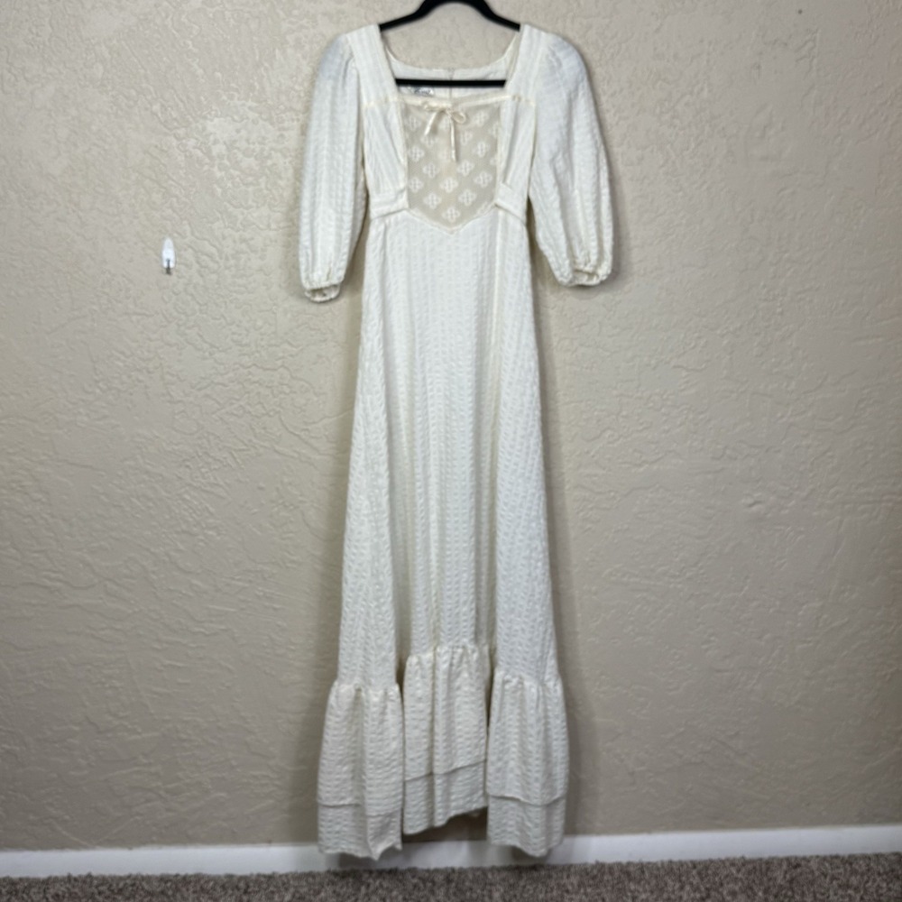 VTG 70s Prairie Maxi Dress Womens XS Ivory Puff Sleeve Boho Wedding Bridal Beach